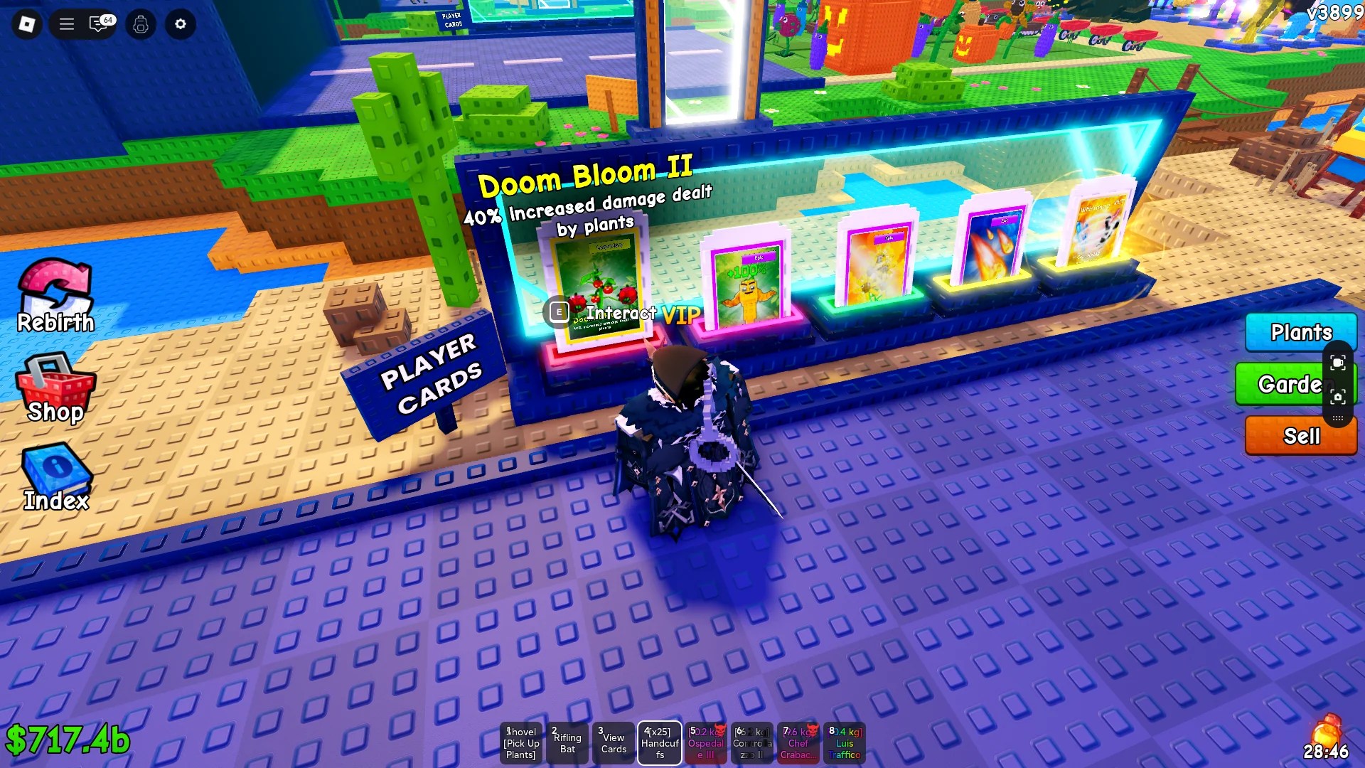 A player showing the optimal card deck for maximizing the DPS of plants in Plants vs Brainrots Roblox experience.