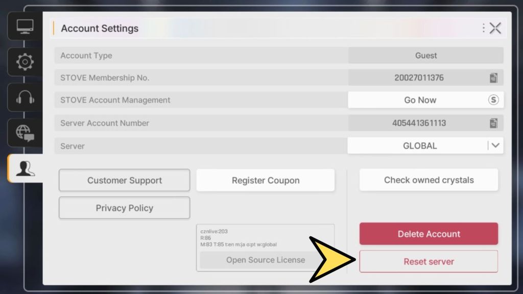 The account settings window in CZN highlighting the Reset Server option
