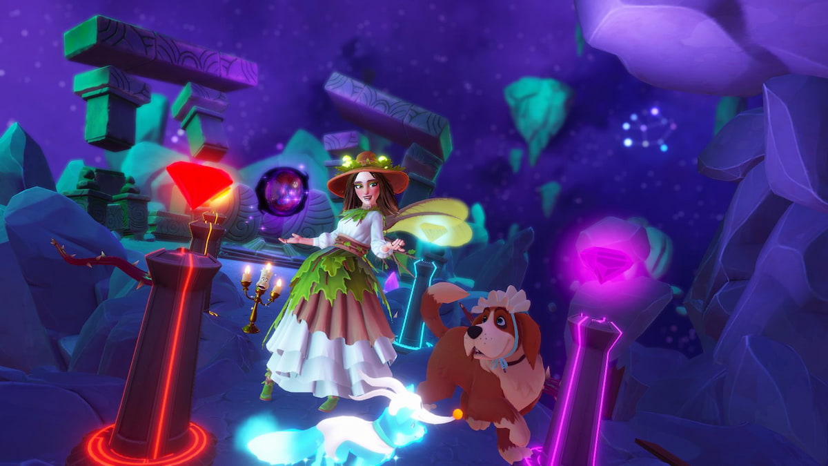 A green mushroom witch posing with lumiere, a brown dog, and a ghostly fox in a dark purple secret chamber in disney dreamlight valley