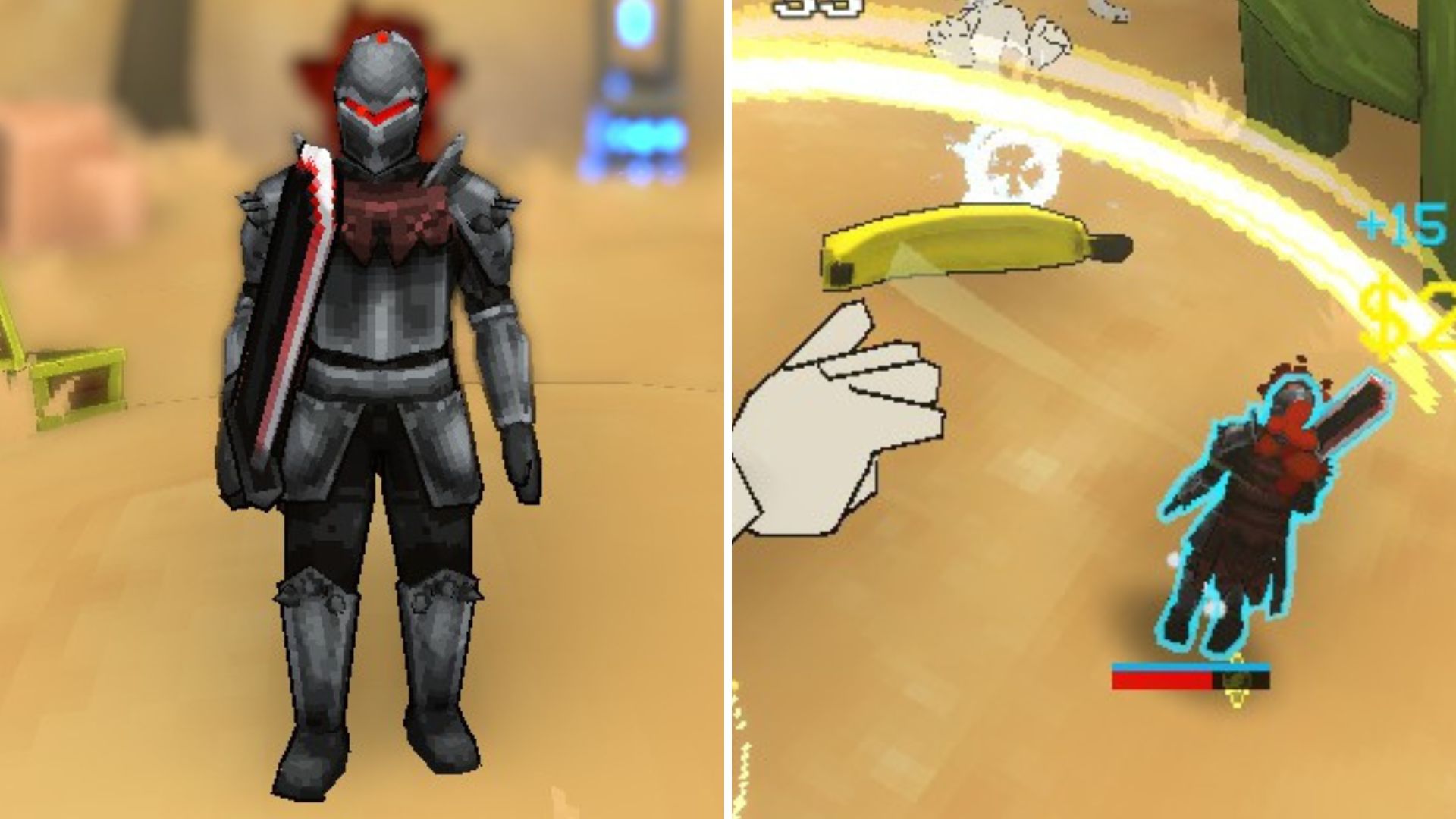 Chadwell standing in the selection screen and using the Hero Sword.