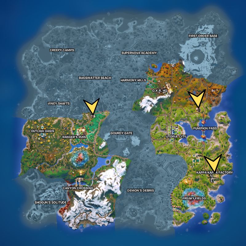 The Fortnite map with three arrows pointing to Stalkbox locations.