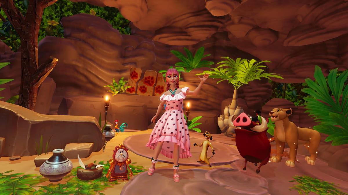 Standing inside Pride Rock with Cogsworth, Timon, Pumbaa, and Nala in disney dreamlight valley