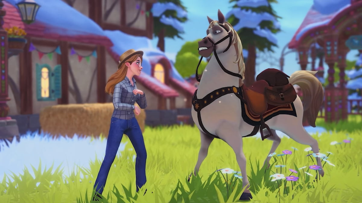 Player standing with Maximus outside in disney dreamlight valley