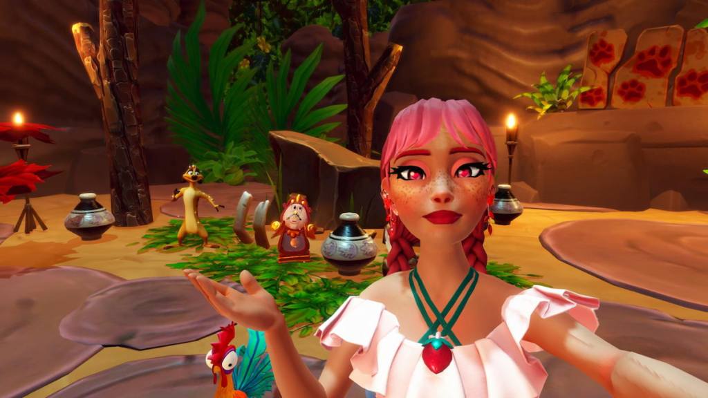 Taking a picture with cogsworth and timon in disney dreamlight valley