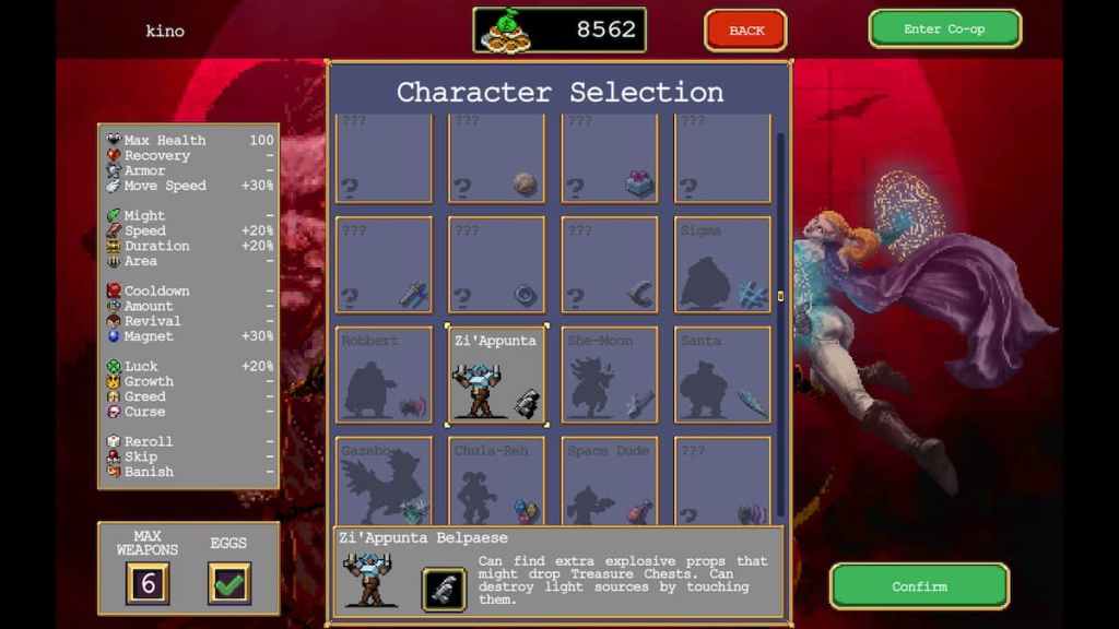 Character selection screen in Vampire Survivors. 