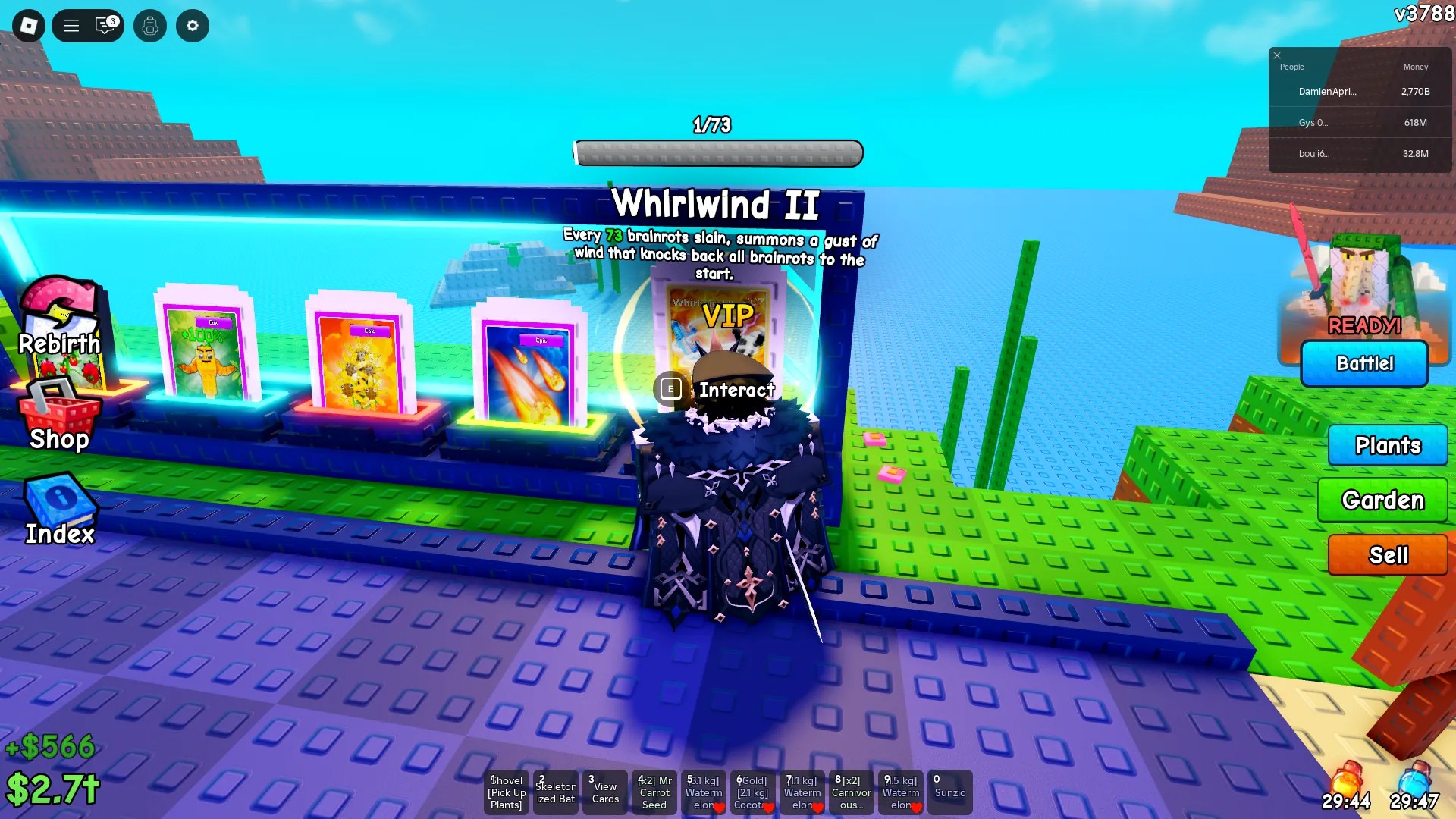 Showcase of the Whirlwind card in Plants vs Brainrots that greatly slows all brainrots on activation in Plants vs Brainrots Roblox experience.