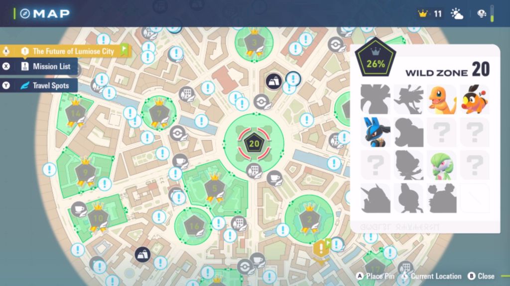 The map of Lumiose City showing Wild Zone 20 in the middle.