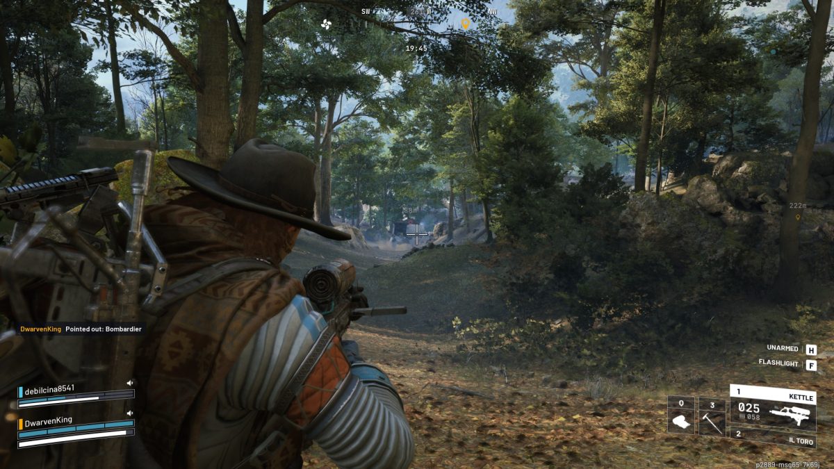 A player in a jungle biome aiming at a massive robot in ARC Raiders.