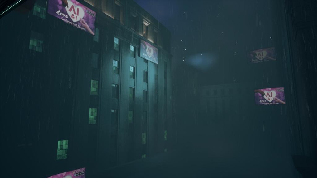 The city of apartment complexes with billboards of human and AI relations placed sporadically over the buildings