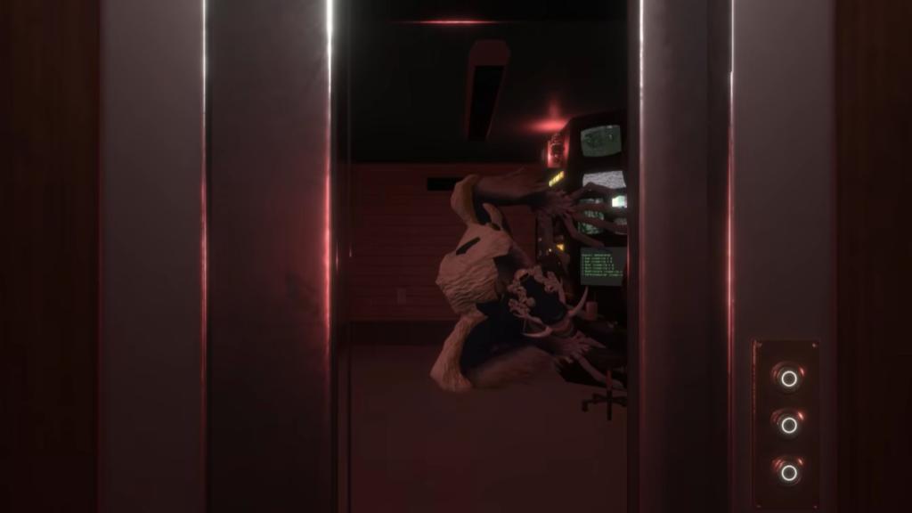 Shepherd jumpscare as Riley waits for the elevator doors to close