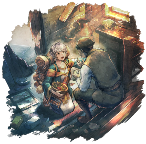 Art for Carinda, a woman with short white hair, in Octopath Traveler 0. She kneels, smiling, at the foot of a staircase while a man sits above her.