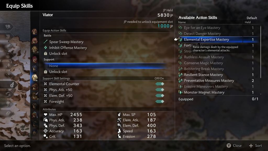 The Equip Skills menu in Octopath Traveler 0 showing the player hovering over an empty Support skill slot.