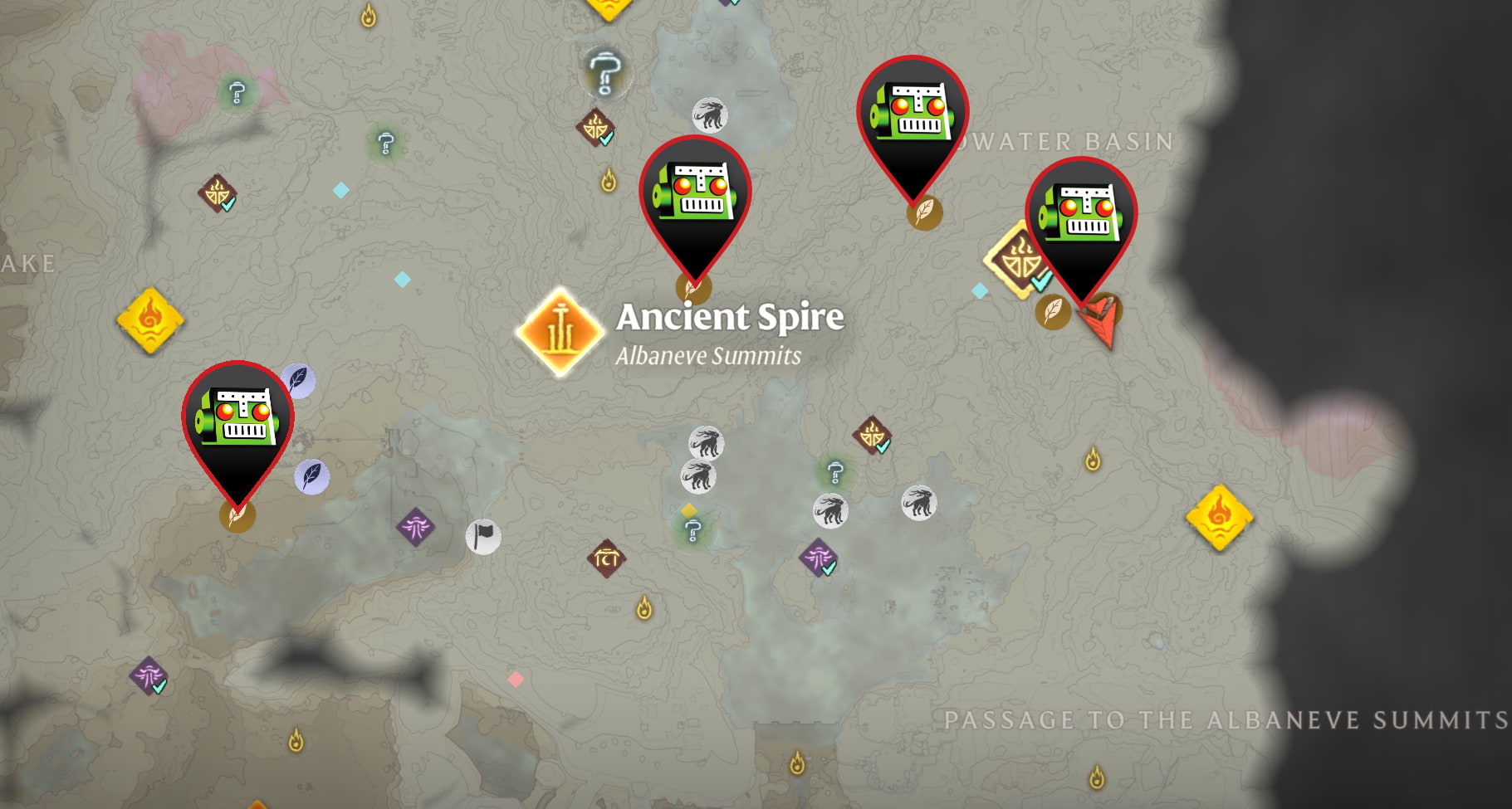 A map of the Albaneve Summits in Enshrouded and where you can find Gentian.