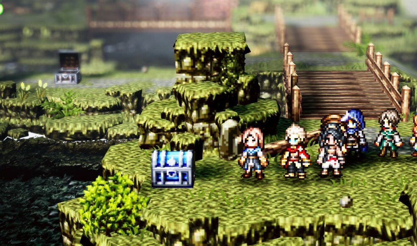 A screenshot from Octopath Traveler 0 showing characters standing in a green field with a blue treasure chest in front of them.