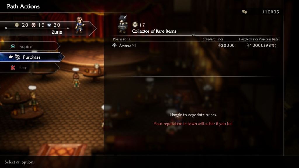 This screenshot from Octopath Traveler 0 shows the menu of an NPC called Collector of Rare Items. He has Avinea in his possession, and it's priced at 20,000 or 10,000 for haggling.