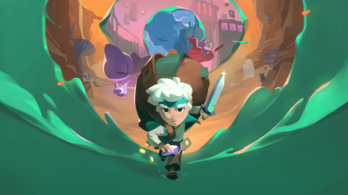 Promotional art for Moonlighter 2, showing a boy with white hair carrying a sword as green goo surrounds the frame