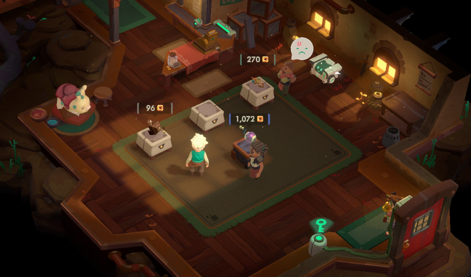 In Moonlighter 2, customers use faces in bubbles above their head to indicate whether they're happy with the price of an item.