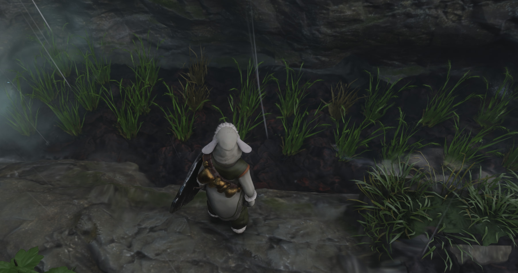 A player character in Enshrouded stands in front of a farm bed with rice seedlings in it. Three of them are brown. 