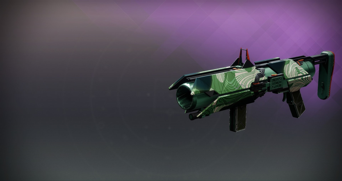 A Holofoil version of the Romantic Death grenade launcher in Destiny 2, with a glow reminiscent of camouflage.