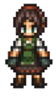 A pixelated woman with dark hair, a red headband, and a green shirt.