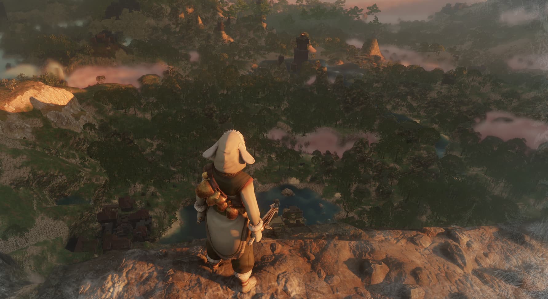 The character in Enshrouded wearing a sheep hood looks down at the Veilwater Basin, the new tropical biome.