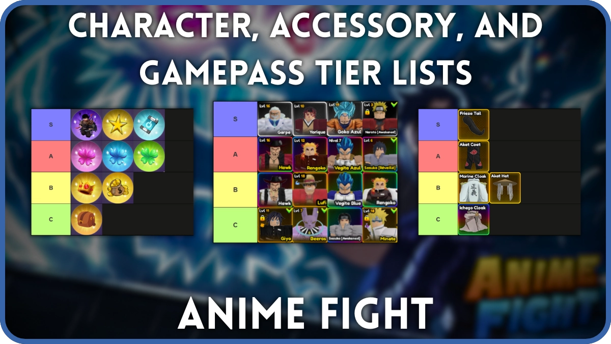 Cover image of Anime Fight on Roblox with the character, gamepass, and accessory tier lists in front of it.