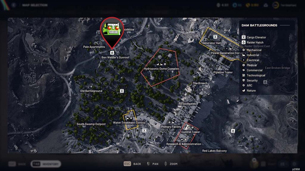 Location of the Sunroof Hatch on Dam Battlegrounds in ARC Raiders.