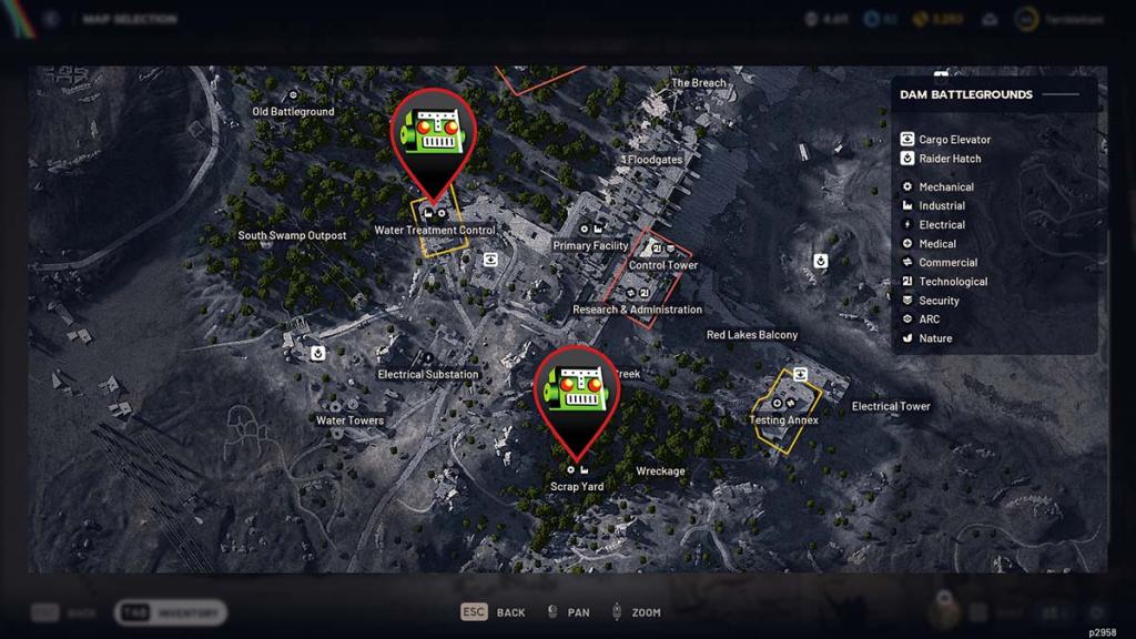 A map from Arc Raiders showing the locations of Mechanical loot zones on Dam Battlegrounds.