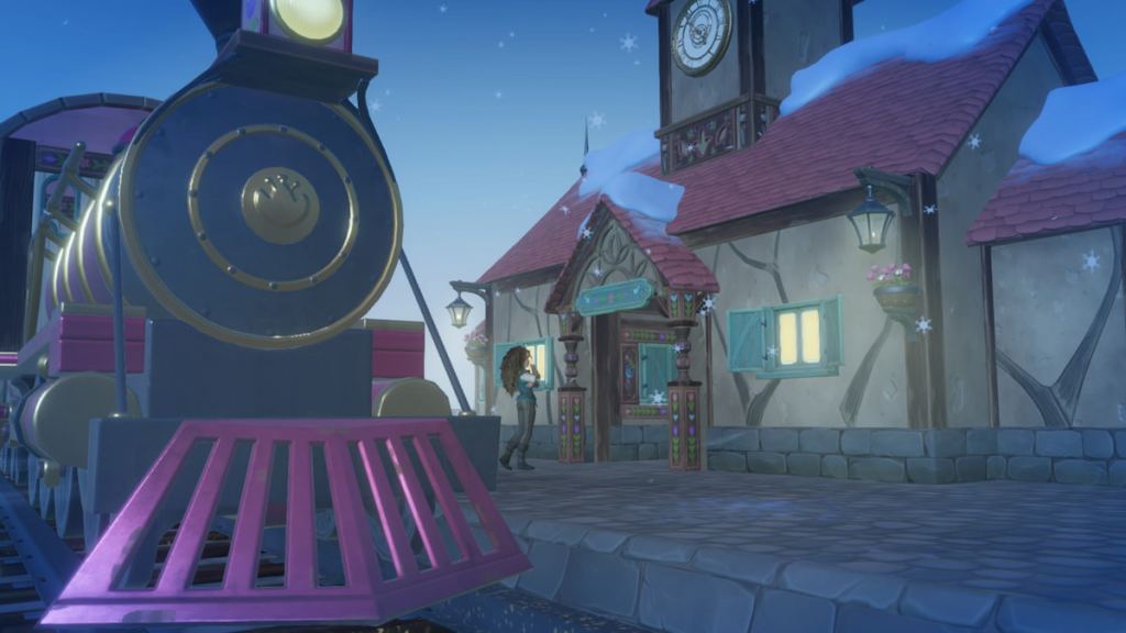 exiting train and arriving at snowy region of wishblossom ranch in disney dreamlight valley