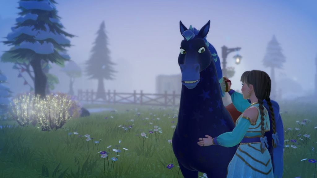 brushing a blue horse in disney dreamlight valley. 