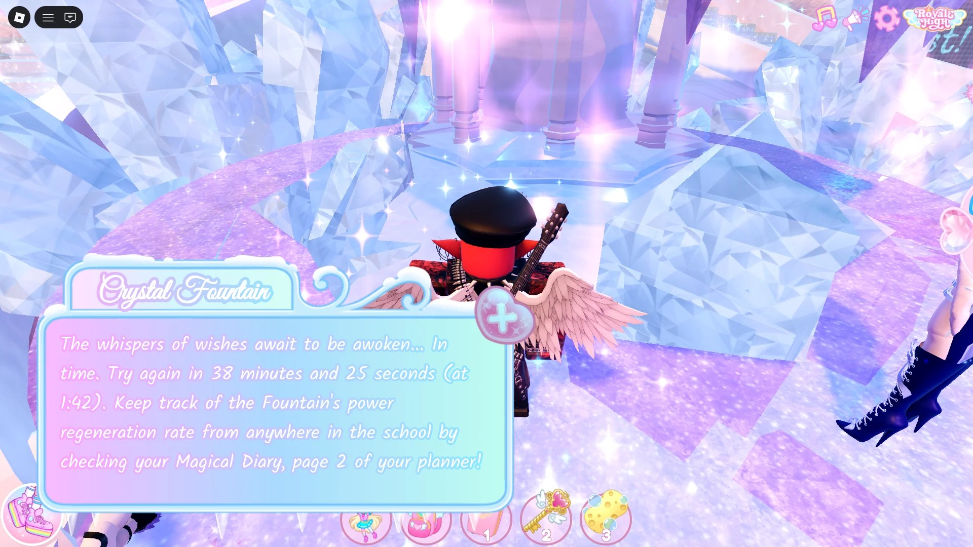 Preview of the wish cooldown for the Crystal Fountain where one can obtain the Glitterfrost 2025 Halo with the right answers in the Royale High Roblox experience.