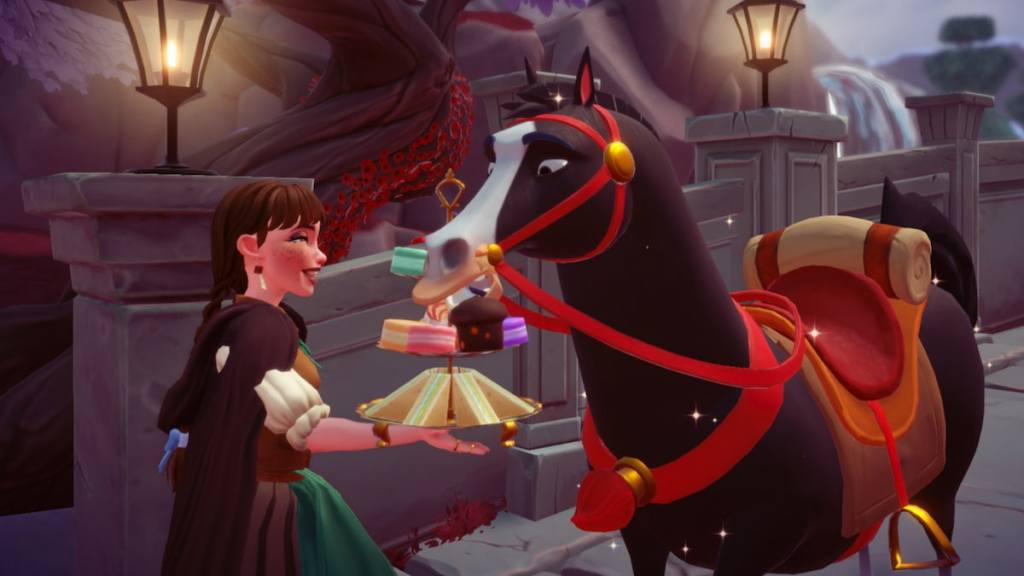 Feeding a horse wishblossom ranch food in disney dreamlight valley