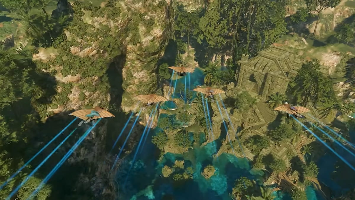 Five characters with gliders soaring through the sky in enshrouded