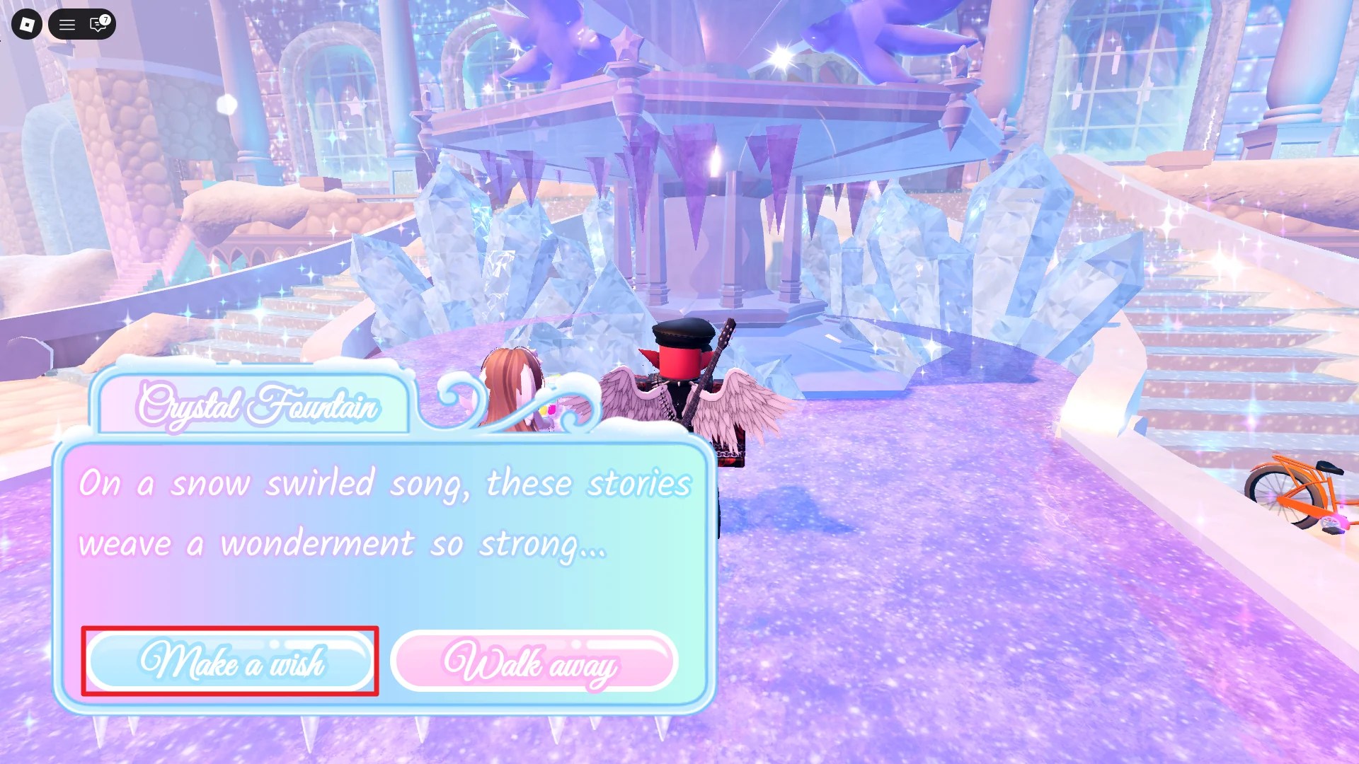 A player wishing on the Crystal Fountain in Royale High Roblox experience.