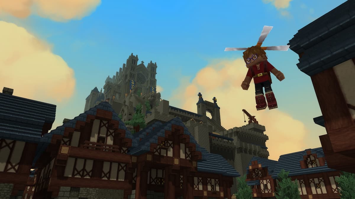 A character flying around with a helicopter on their head in Hytale.
