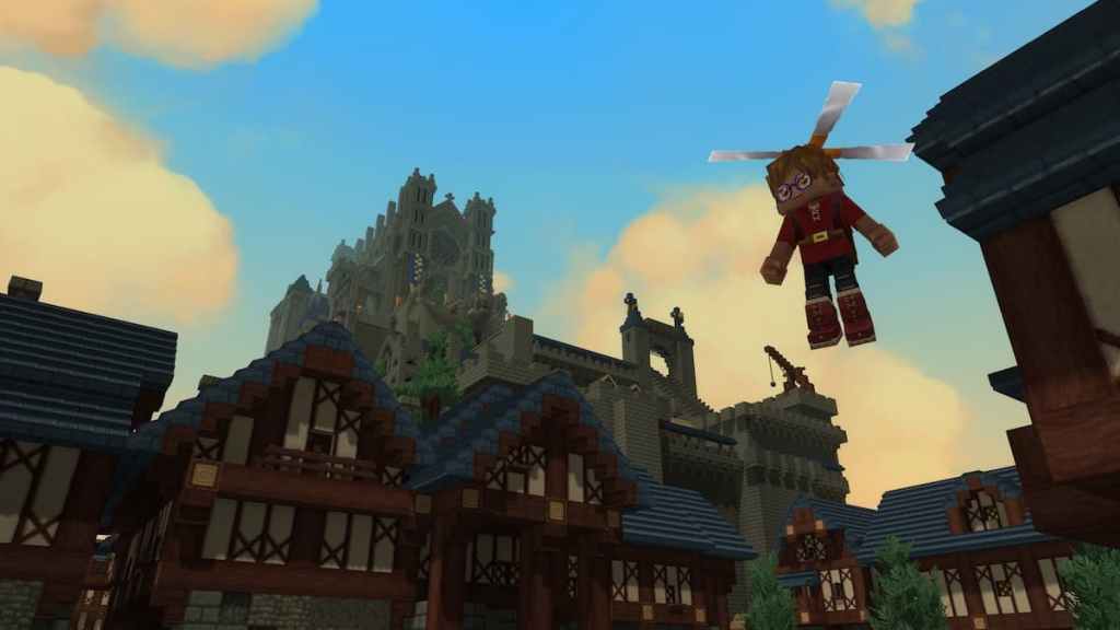 A character flying over a town in Hytale. 