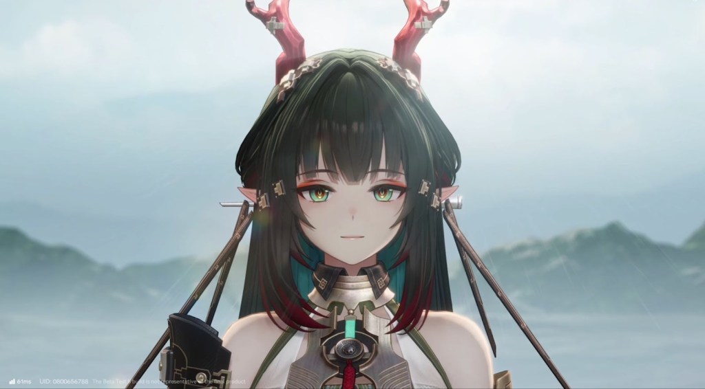 A female character from Arknights: Endfield. She has long green hair and elf-like ears.
