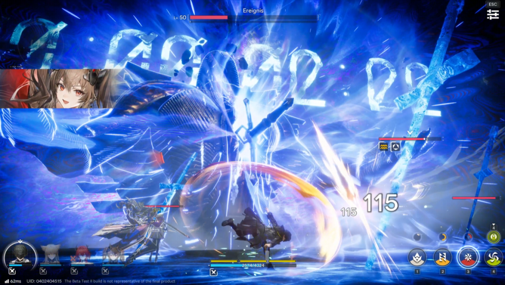 A screenshot from Arknights: Endfield showing the combat screen. A character attacks a giant monster.