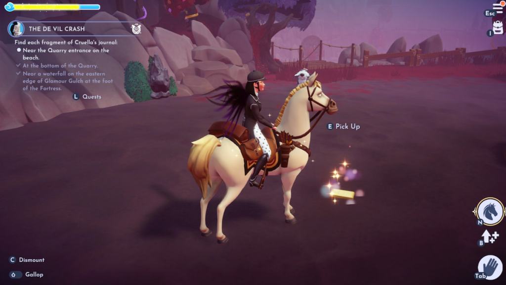 Riding horse next to journal on the ground near the quarry entrance in disney dreamlight valley