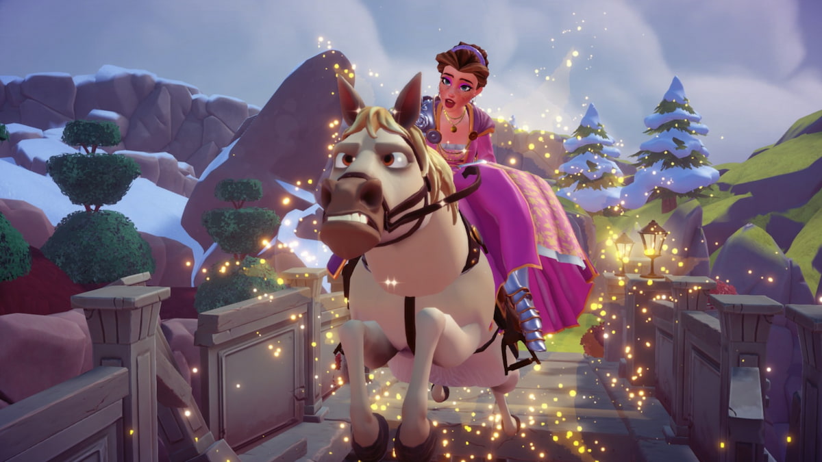 Leaping across gap riding Maximus in disney dreamlight valley