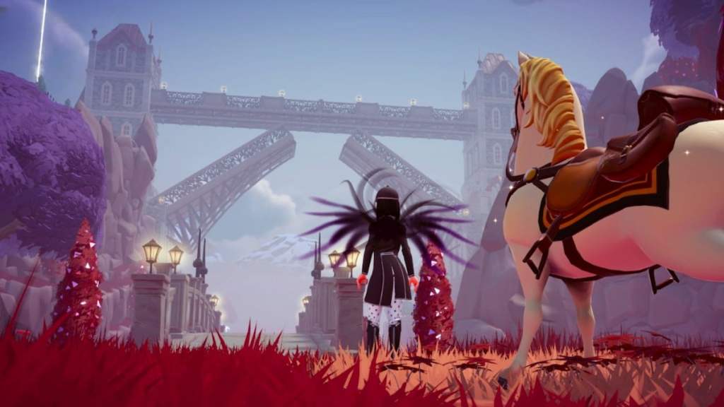 Looking at massive metal bridge in disney dreamlight valley