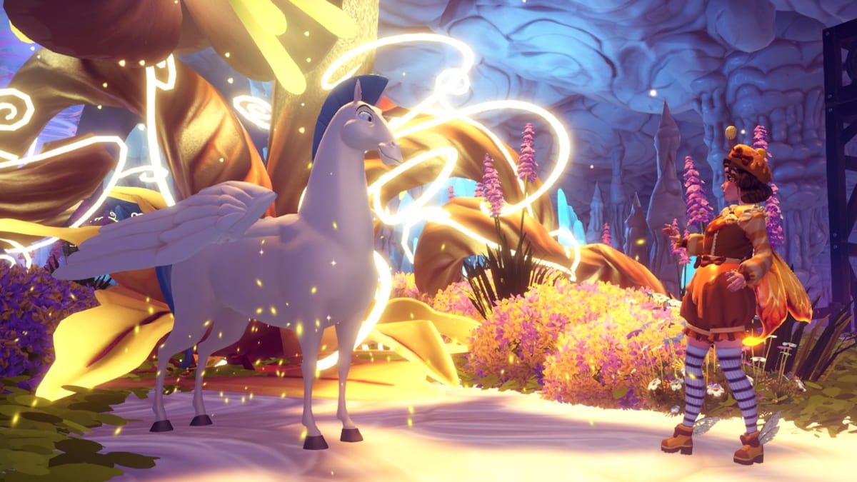 Meeting pegasus by wishblossom flower in disney dreamlight valley