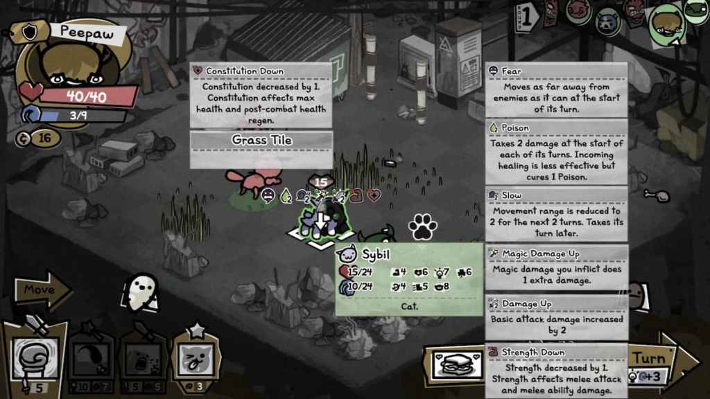 A cat in Mewgenics with seven different debuffs.