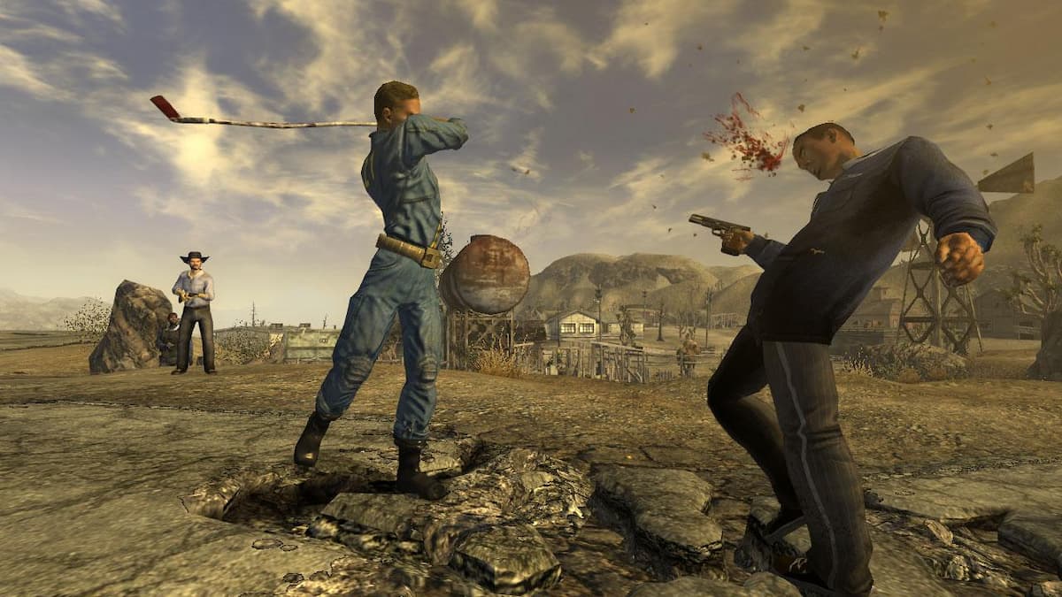 A man hitting another with a golf club in Fallout New Vegas.