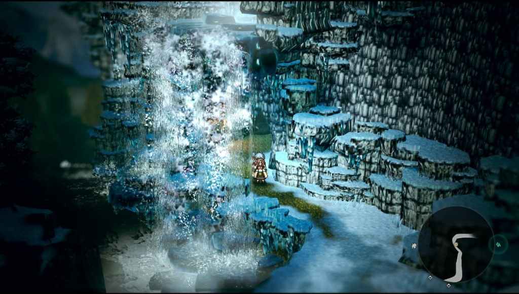 Octopath Traveler 0 characters inside a cave with a waterfall