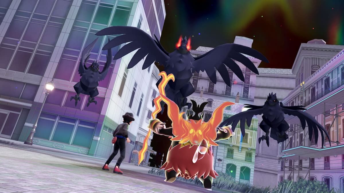 The player character in Pokémon Legends: ZA using Emboar to fight an Alpha Corviknight