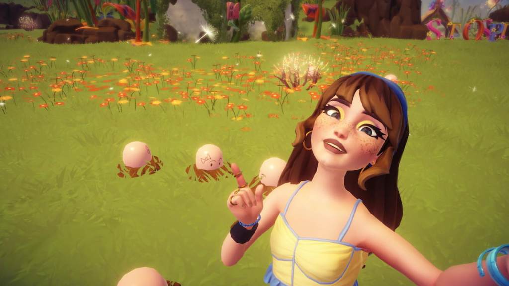 Pointing at sister balloon in disney dreamlight valley