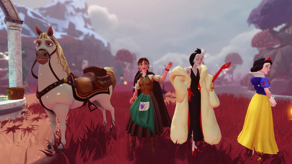 Standing with maximus, cruella, and snow white in disney dreamlight valley