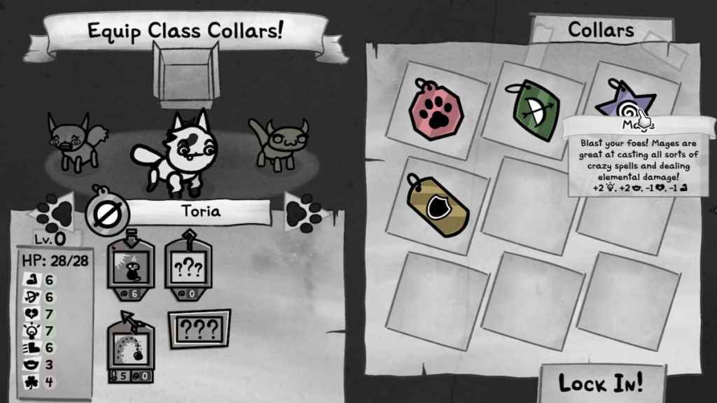 A cat building screen in Mewgenics showing a cat's stats.