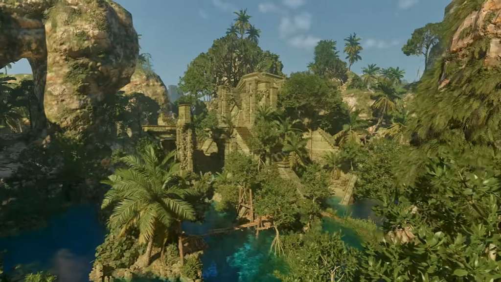 A temple like area surrounded by water and trees in enshrouded